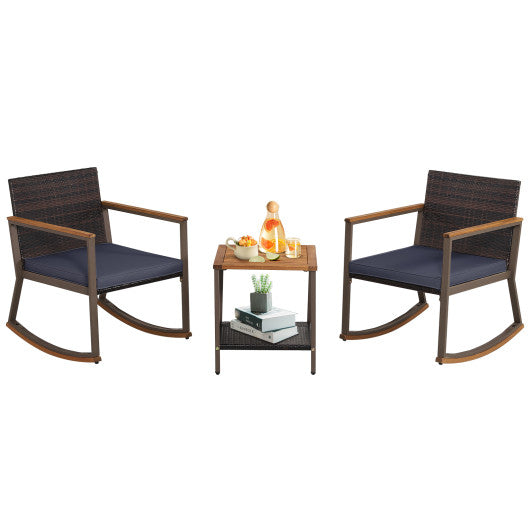 3 Pieces Rattan Rocking Bistro Set with Coffee Table and Cushions-Navy