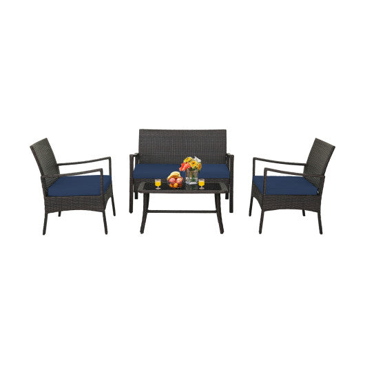 4 Pieces Outdoor Rattan Conversation Set with Tempered Glass Coffee Table-Navy