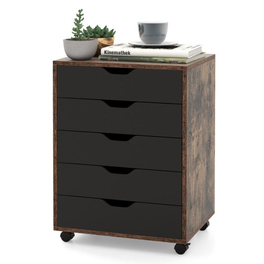 5 Drawer Mobile Lateral Filing Storage Home Office Floor Cabinet with Wheels-Rustic Brown