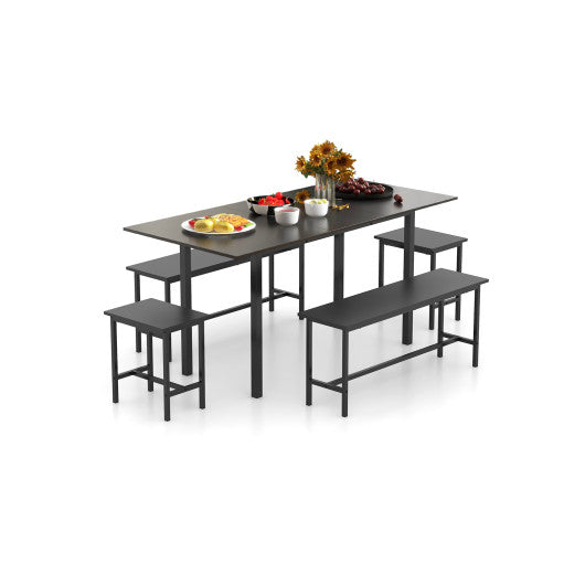 5 Piece Dining Table Set for 4-6 with 2 Benches & 2 Stools for Kitchen Dining Room-Black