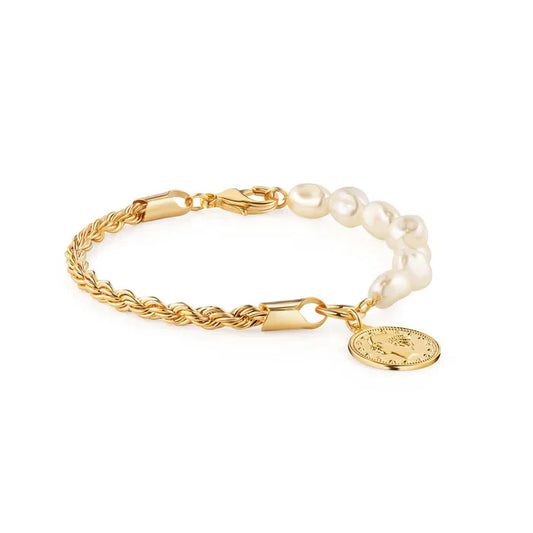 RMZ GOLD NYC 18K Gold Rope & Pearl Anklet with Coin Charm - 10 Inches
