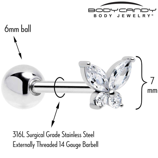 Clear CZ Gem Open Wing Butterfly Barbell Tongue Ring