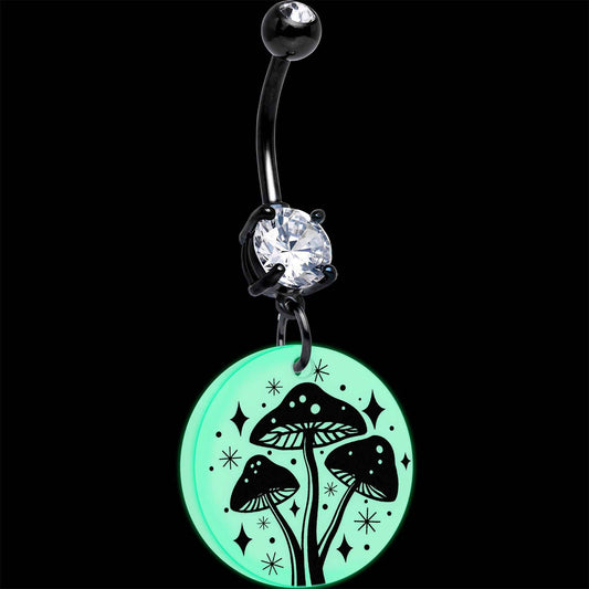 Black Double Gem Glow in the Dark Mystic Mushroom Dangle Belly Ring by Onyx O