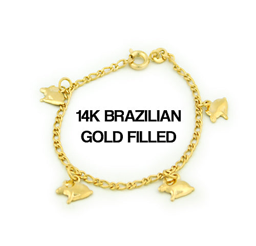 14k Brazilian Gold Filled Figaro Rabbit Charm Bracelet 5''