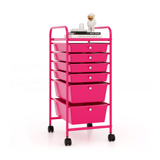 Multifunctional 6 Drawers Rolling Storage Cart Organizer-Rose Red