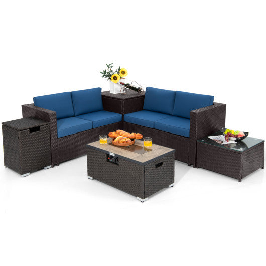 6 Pieces Outdoor Wicker Furniture Set with 32 Inch Propane Fire Pit Table-Navy