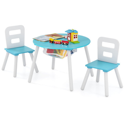 Wood Activity Kids Table and Chair Set with Center Mesh Storage-Blue