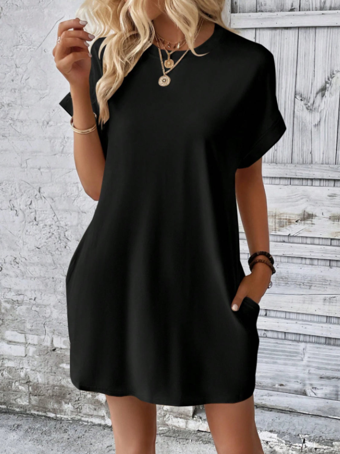 Round Neck Short Sleeve Mini Tee Dress with Pockets