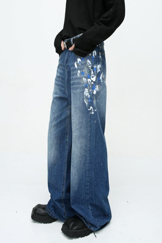 Watercolor Wide Leg Jeans with Pockets