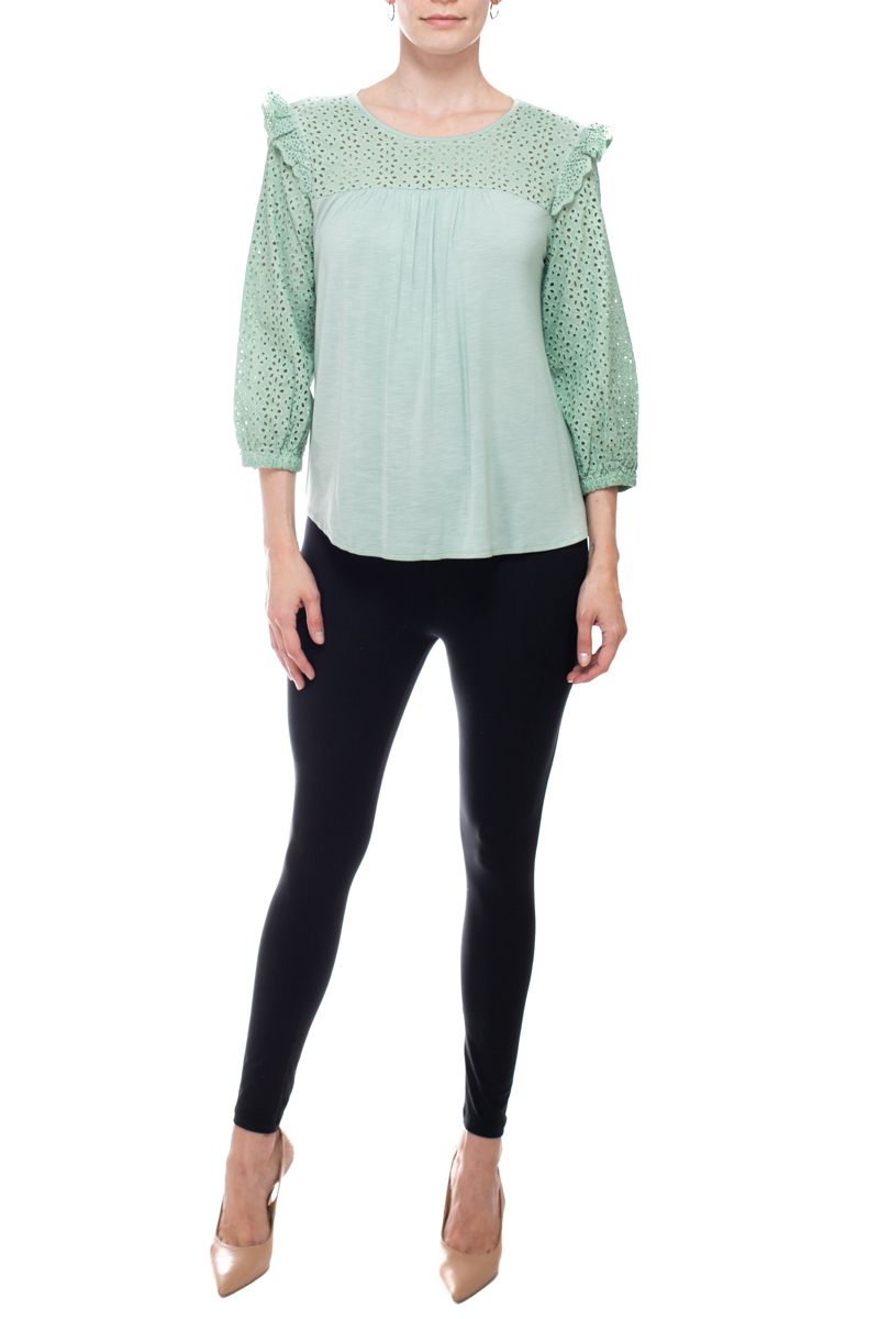 Cupio Round Neck Eyelet ¾ Sleeve Ruffled Shoulders Curved Hem Stretch Crepe Top by Curated Brands