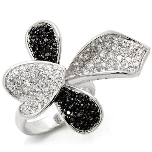 LOA936 - Rhodium + Ruthenium Brass Ring with AAA Grade CZ in Jet