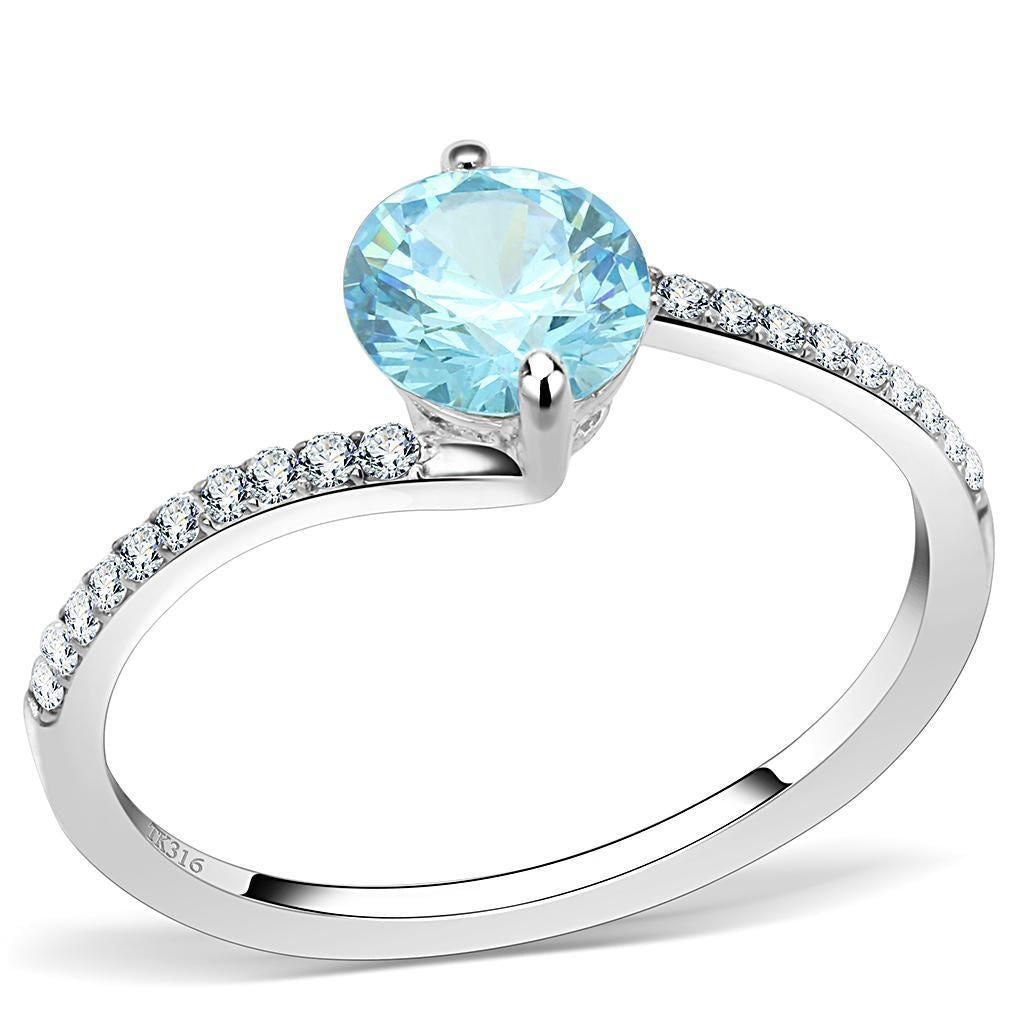 DA014 - High polished (no plating) Stainless Steel Ring with AAA Grade CZ in Sea Blue