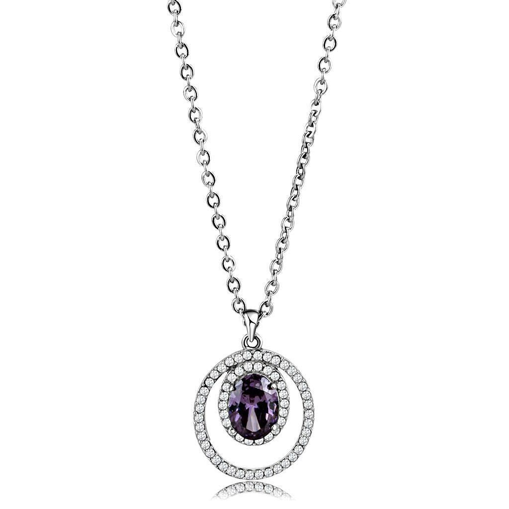 DA300 - High polished (no plating) Stainless Steel Chain Pendant with AAA Grade CZ in Amethyst