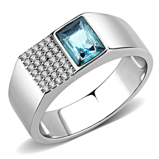 DA287 - High polished (no plating) Stainless Steel Ring with Synthetic in Sea Blue