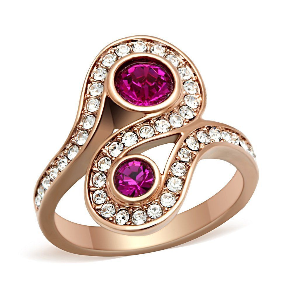 GL153 - IP Rose Gold(Ion Plating) Brass Ring with Top Grade Crystal in Fuchsia
