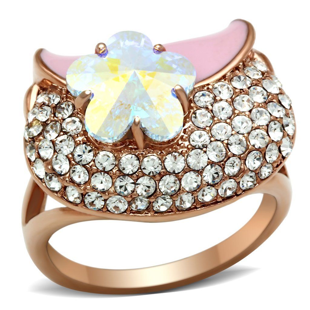 GL220 - IP Rose Gold(Ion Plating) Brass Ring with Top Grade Crystal in Clear