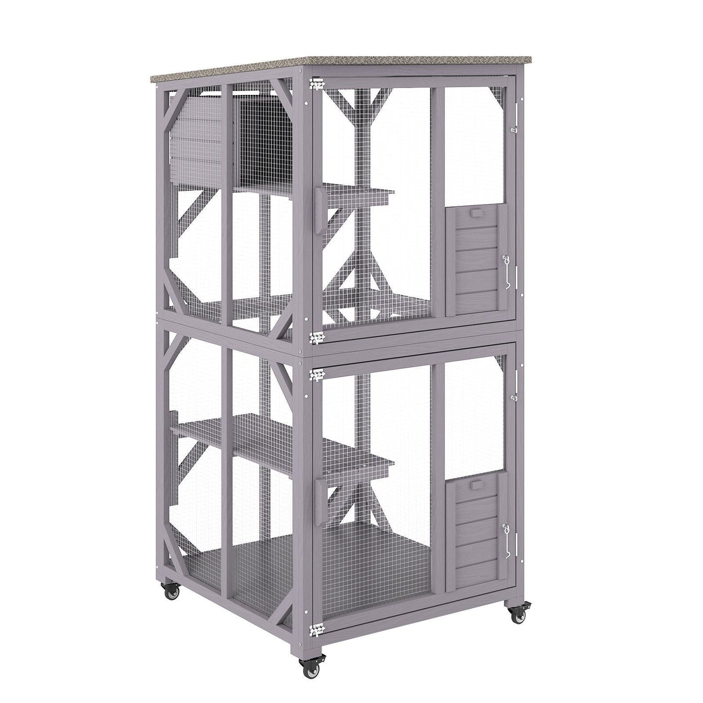 Cat House Outdoor, 3-Tier Large Catio, Cat Enclosure with 360° Rotating Casters, 2 Platforms, A Resting Box and Large Front Door, 29.9 x 34 x 64.1 inch