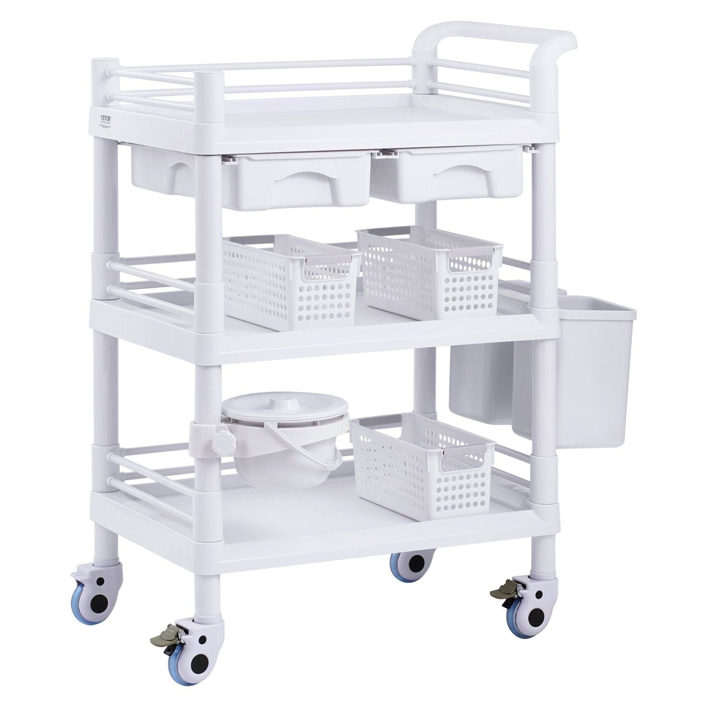 3 Tiers Lab Carts Mobile Medical Cart with 3 Trays & 3 Trash Cans White, Trolley Storage Cart with PP Material, Lab Rolling Cart with 4 Silent Wheels for Lab, Clinic, Hospital, Salon, Office