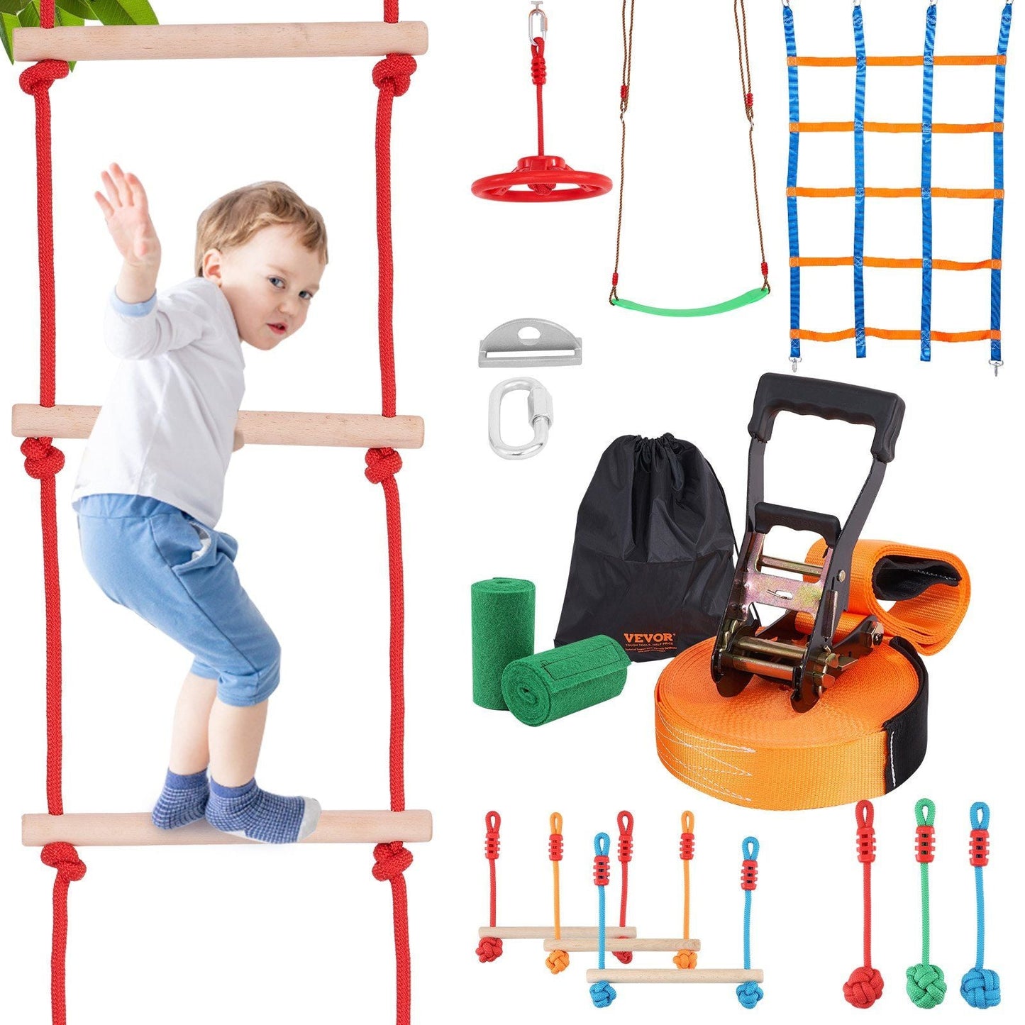 Ninja Warrior Obstacle Course for Kids, 50 ft Weatherproof Slacklines, 500lbs Weight Capacity Monkey Line, Outdoor Playset Equipment, Backyard Toys Training Equipment Set with 10 Obstacles