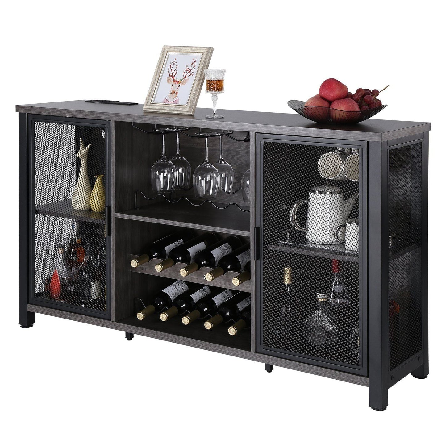 47 Inch Industrial Bar Cabinet, Wine Table for Liquor & Glasses, Sideboard Buffet Cabinet with Wine Rack, Freestanding Farmhouse Wood Coffee Bar Cabinet for Living Room, Home Bar, Kitchen White