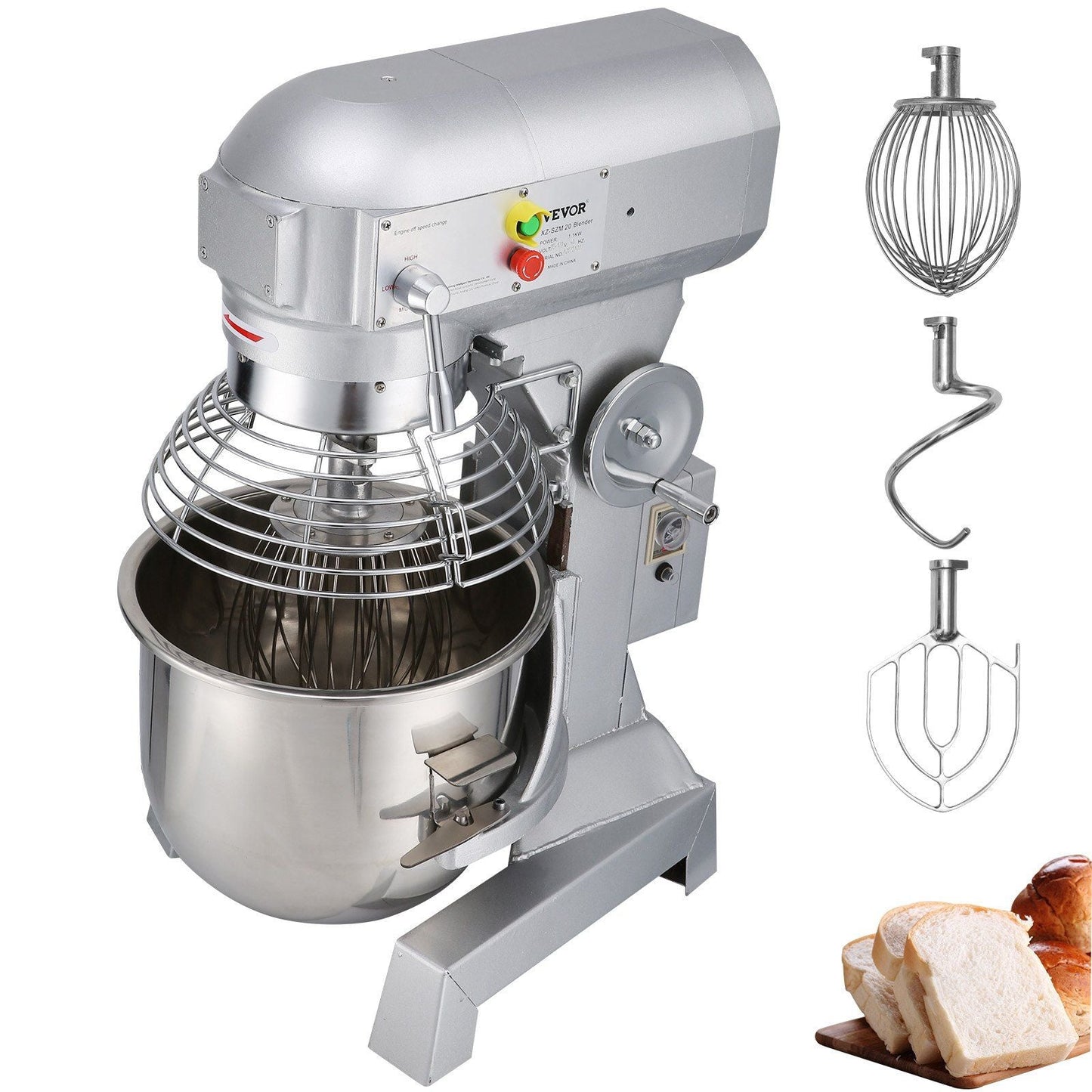 Commercial Food Mixer 20Qt 750W 3 Speeds Adjustable 105 180 and 408 RPM Food Processor Heavy Duty with Stainless Steel Bowl Dough Hooks Whisk Beater for Schools Bakeries Restaurants Pizzeria