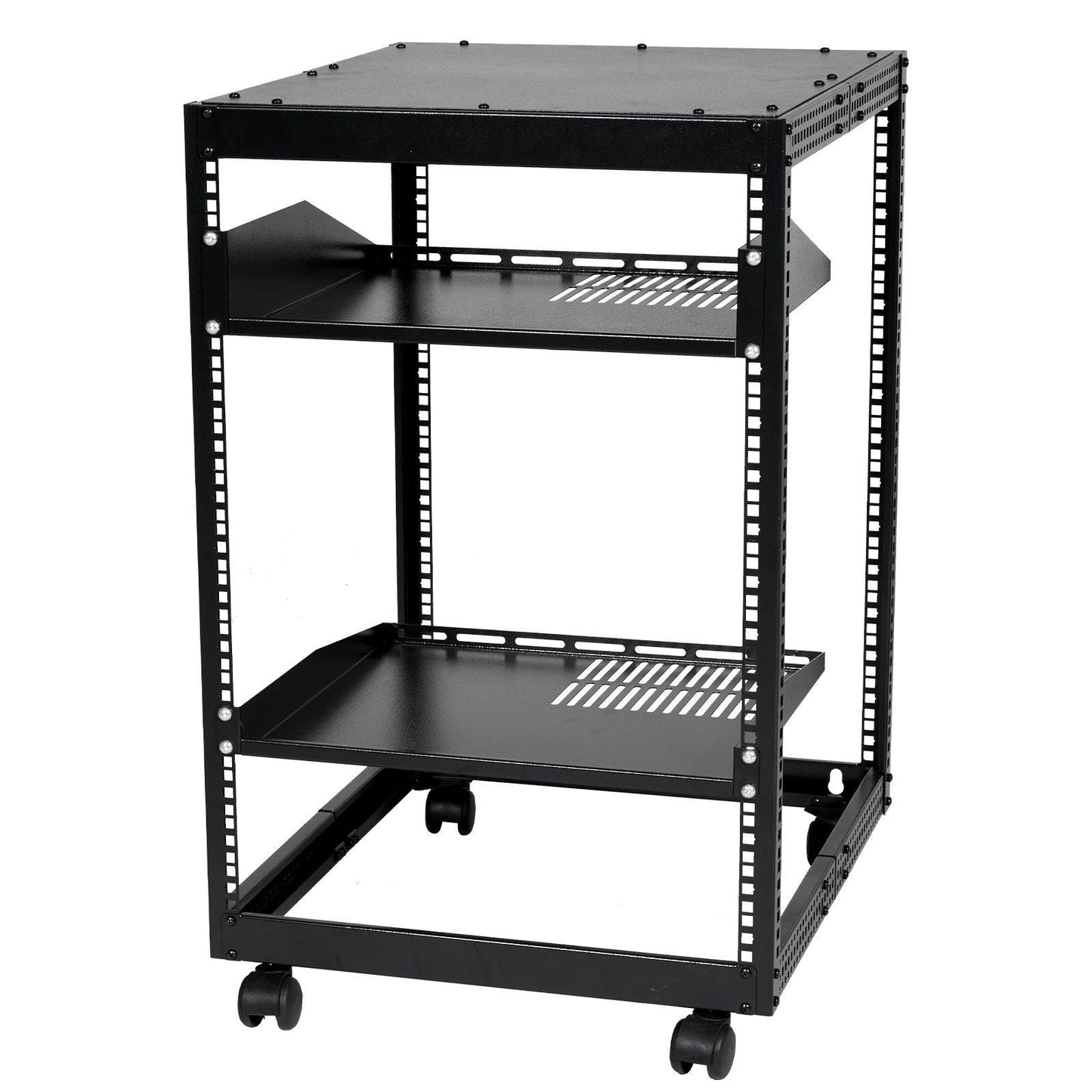 15U Open Frame Server Rack, 23''-40'' Adjustable Depth, Free Standing or Wall Mount Network Server Rack, 4 Post AV Rack with Casters, Holds All Your Networking IT Equipment AV Gear Router Modem