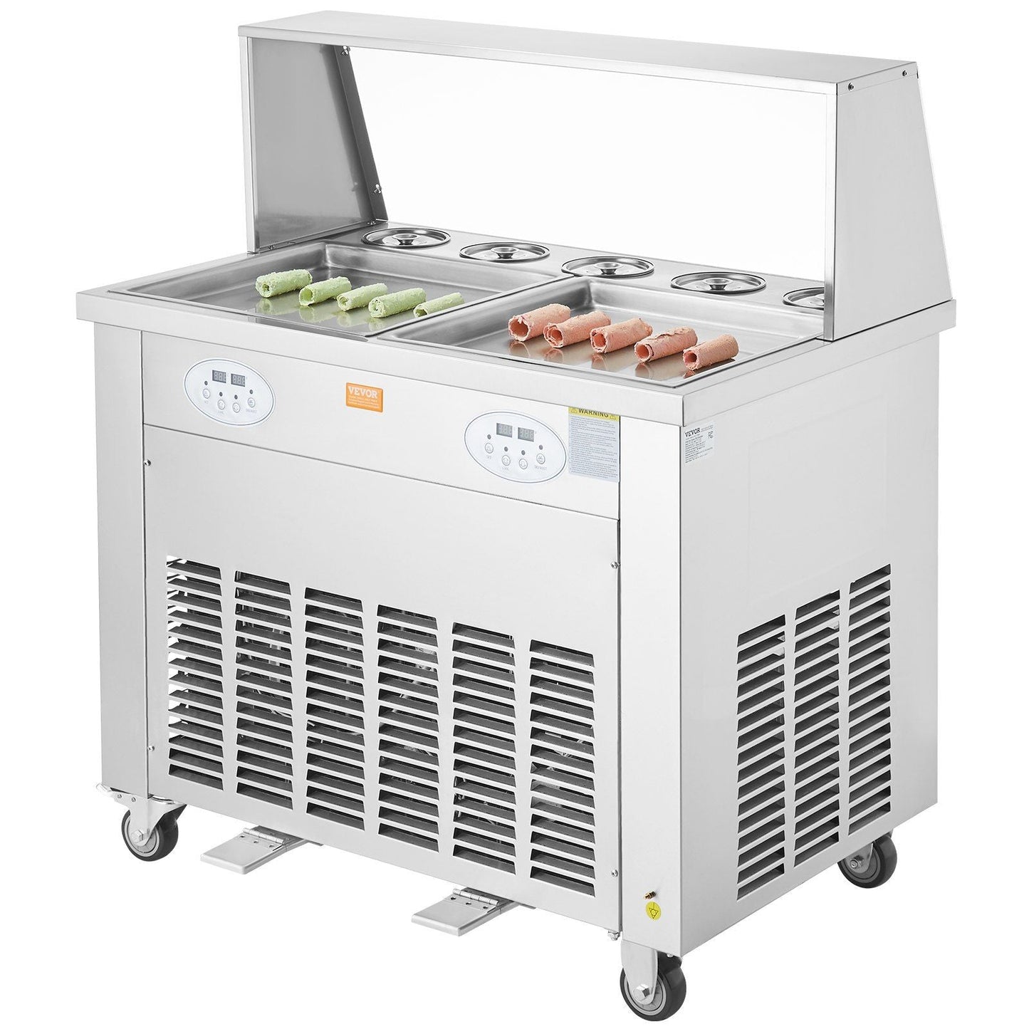 Fried Ice Cream Roll Machine, 2Pcs 13.8" x 13.8" Square Stir-Fried Ice Cream Pans, Stainless Steel Commercial Rolled Ice Cream Maker with Compressor and 4 Scrapers, for Ice Cream, Frozen Yogurt