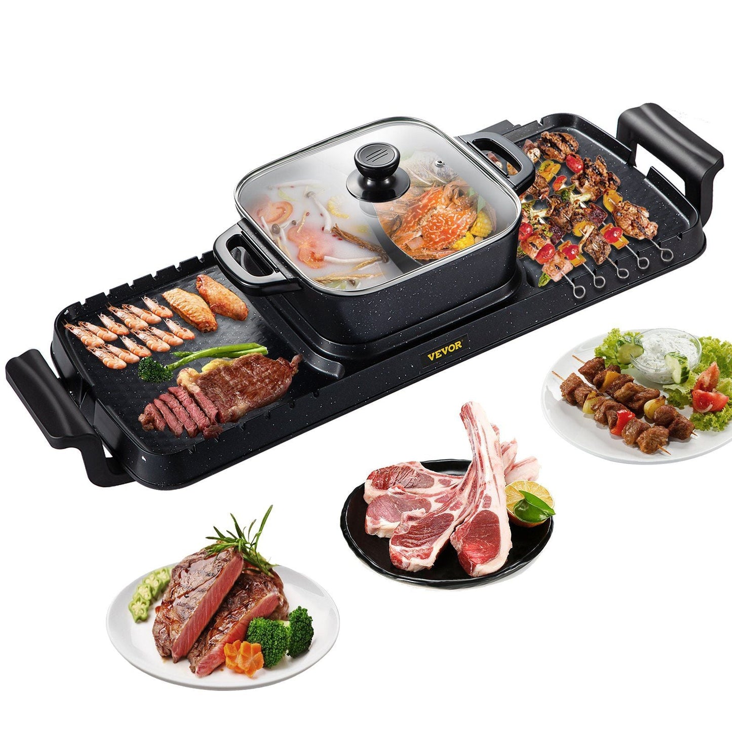 2 in 1 Electric Grill and Hot Pot, 2400W BBQ Pan Grill and Hot Pot, Multifunctional Teppanyaki Grill Pot with Dual Temp Control, Smokeless Hot Pot Grill with Nonstick Coating for 1-8 People