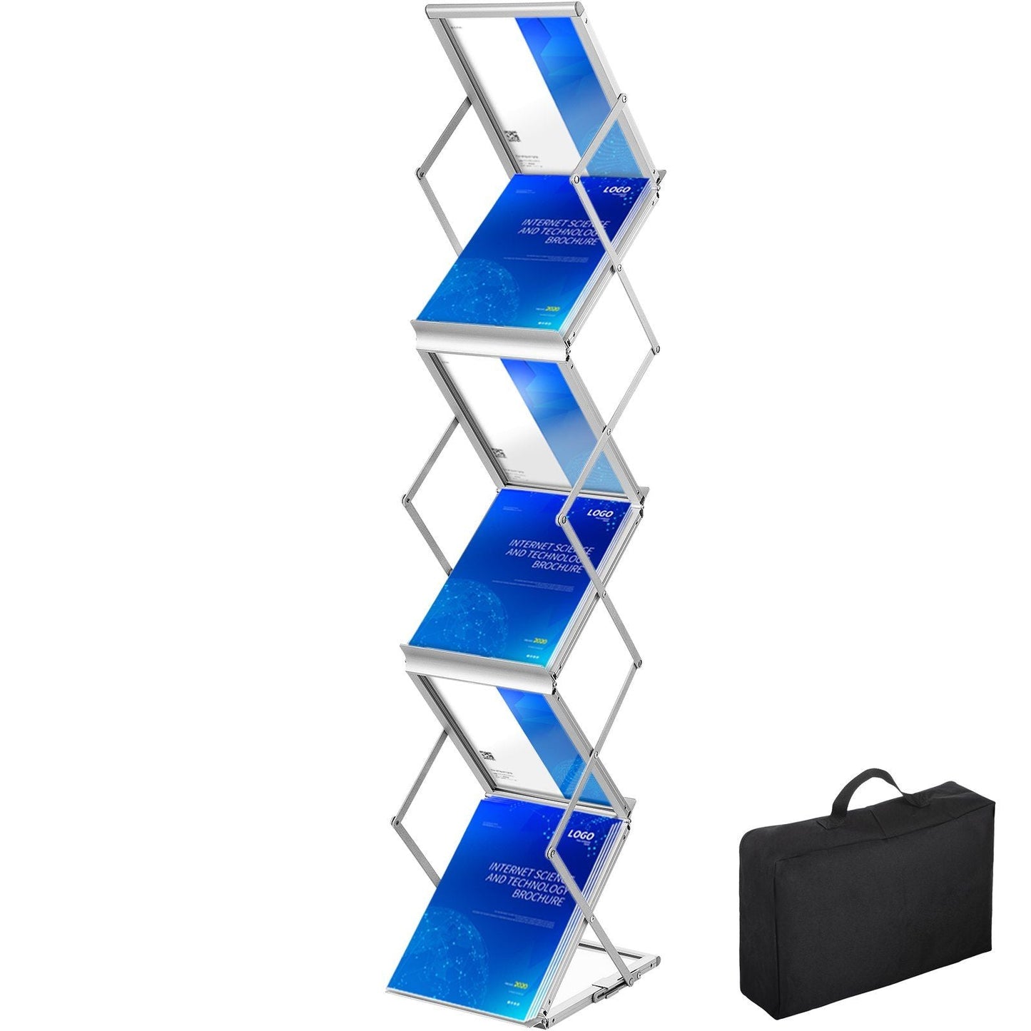 Literature Rack, 6 Pockets, Pop up Aluminum Magazine Rack, Lightweight Catalog Holder Stand w/Carrying Bag for Living Room, Hotel, Trade Show, Exhibition, Office