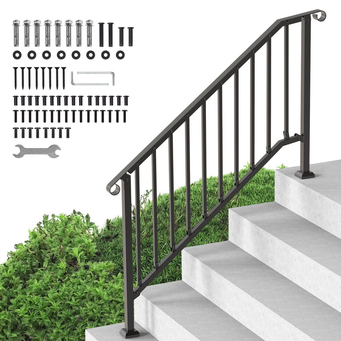 5-6 Step Handrails for Outdoor for Seniors Porch Deck Black Retro Arch