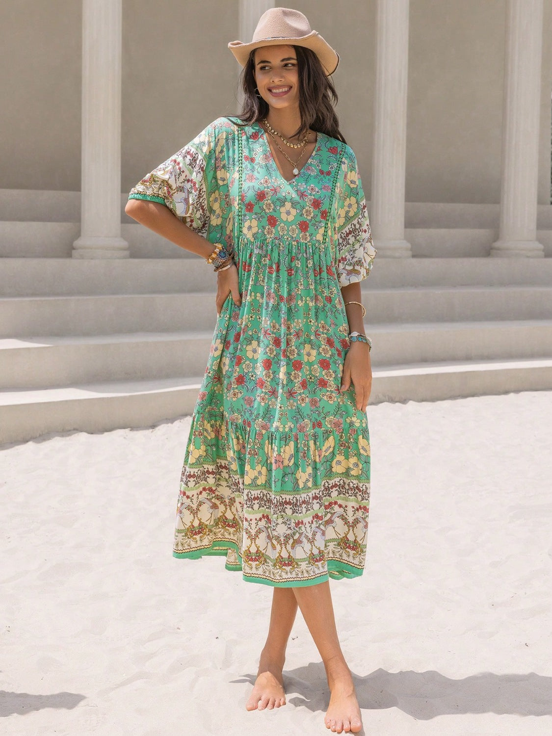 Ruched Printed Puff Sleeve Midi Dress