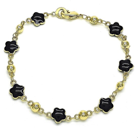 RMZ GOLD NYC 14K Gold High Polish Finish Black Enamel Flower Bracelet 8 Inches Women Teens