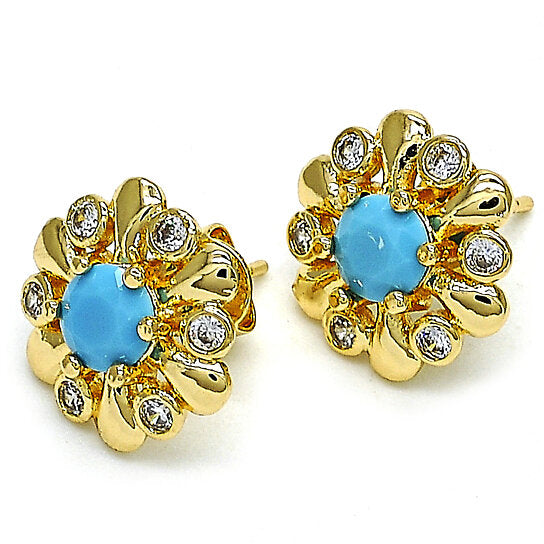 RMZ GOLD NYC 14K Gold Plated Flower Stud Earrings with Opal and Cubic Zirconia – High Polish Finish, Golden Tone