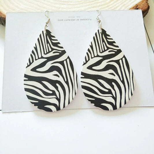 Vintage Wooden Water Drop Earrings with Animal Print