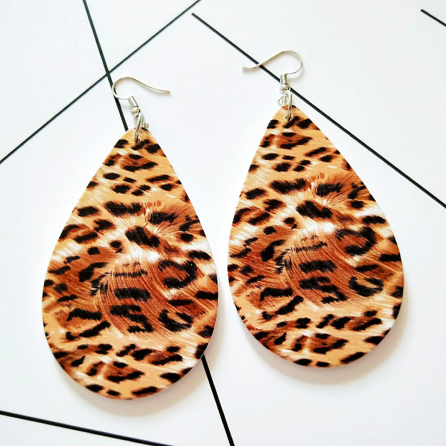 Vintage Wooden Water Drop Earrings with Animal Print
