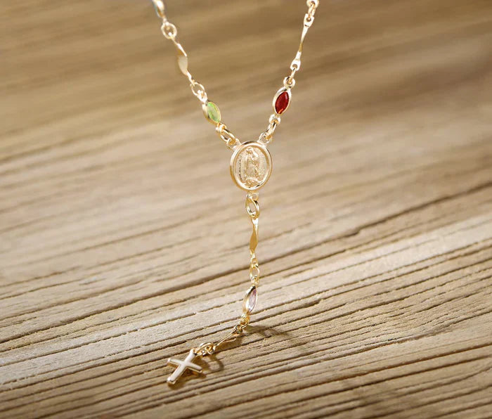 14K Gold Multicolor Virgin Mary Necklace - Made In Brazil