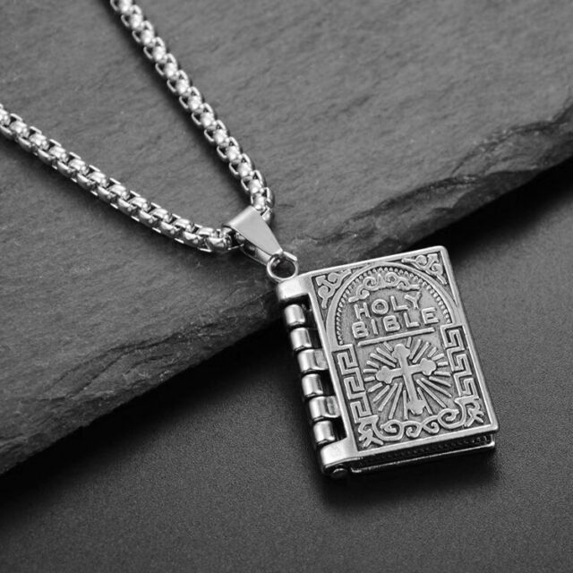 Silver Bible Open Pages Pendant Lord's Prayer Necklace Religious Jewelry 24" _mkpt by Js House