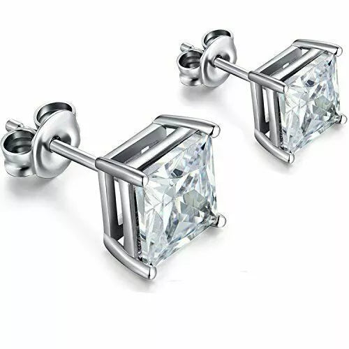 Sterling Silver 925 Gold Stud Earrings Cubic Zirconia Men Women 2PC 6mm Earrings