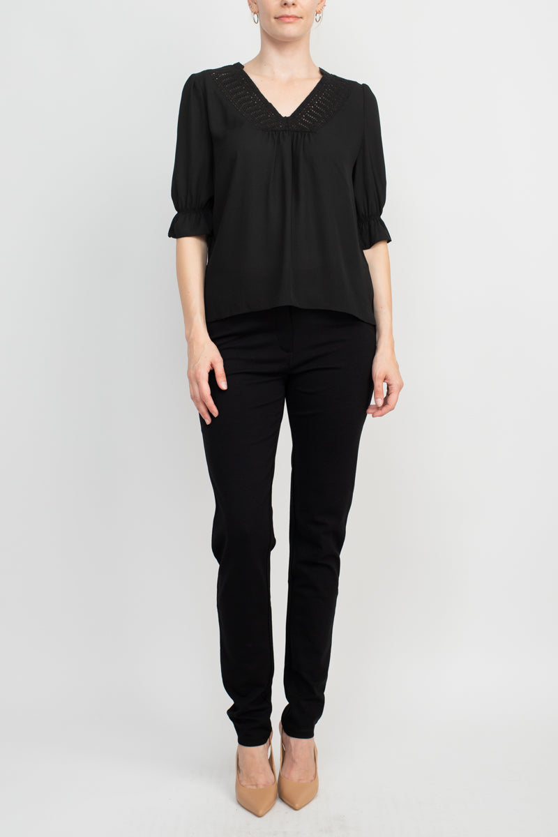 Zac & Rachel Lace V-Neck 3/4 Sleeve Solid Crepe Top by Curated Brands