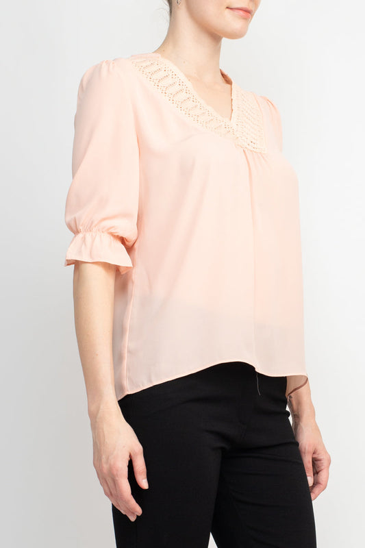 Zac & Rachel Lace V-Neck 3/4 Sleeve Solid Crepe Top by Curated Brands