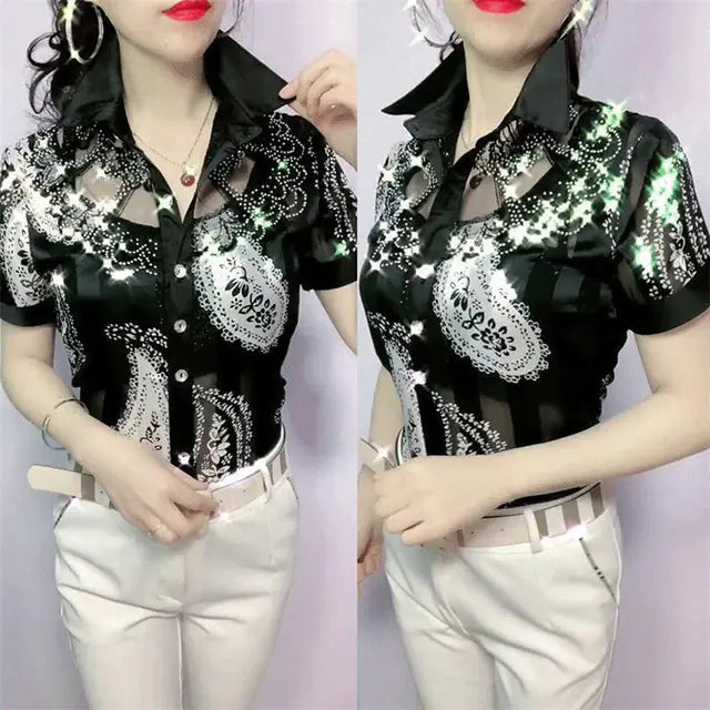 Lace Chiffon Summer Blouse with Printed Button Panel