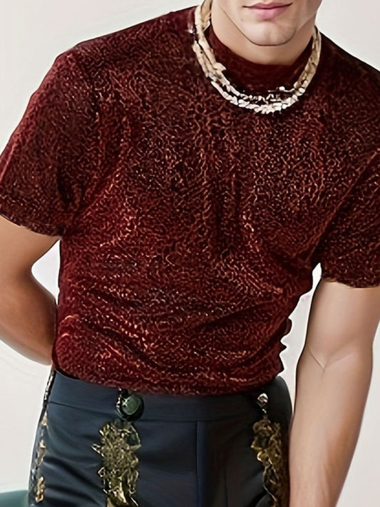 Men's Full Size Glitter Mock Neck Short Sleeve Top Plus Size