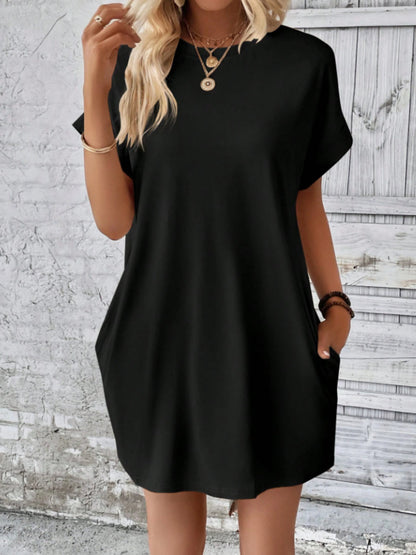 Round Neck Short Sleeve Mini Tee Dress with Pockets