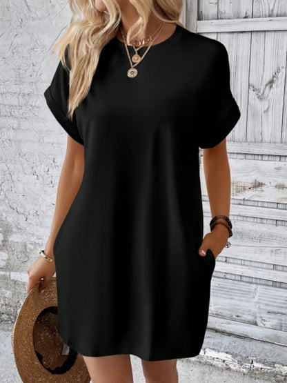 Round Neck Short Sleeve Mini Tee Dress with Pockets