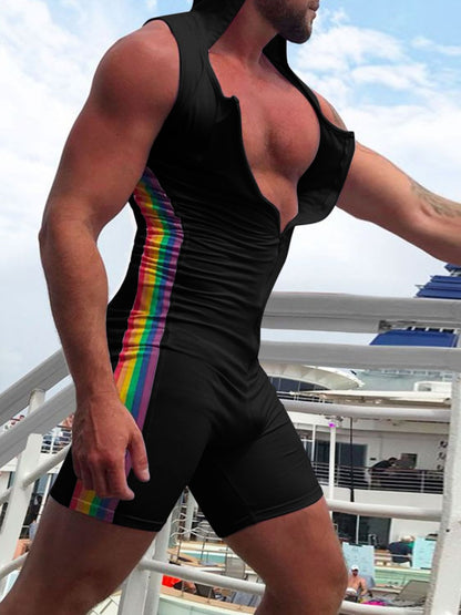 Men's Full Size Contrast Zip Front Sleeveless Active Romper Plus Size