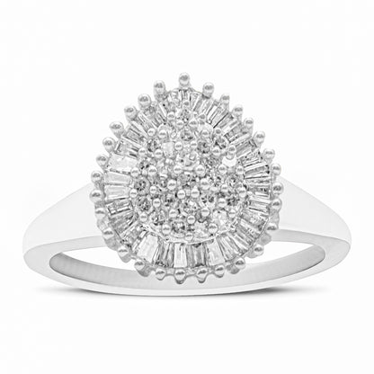 10K White Gold 1/2 Cttw Round & Baguette Cut Diamond Pear Shaped Domed Pavé Cluster with Halo Cocktail Ring (H-I Color, SI1-SI2 Clarity) by Haus of Brilliance