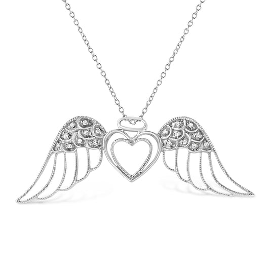 .925 Sterling Silver Pave-Set Diamond Accent Angel Wing 18" Double Heart Pendant Necklace (I-J Color, I1-I2 Clarity) by Infinite Jewels