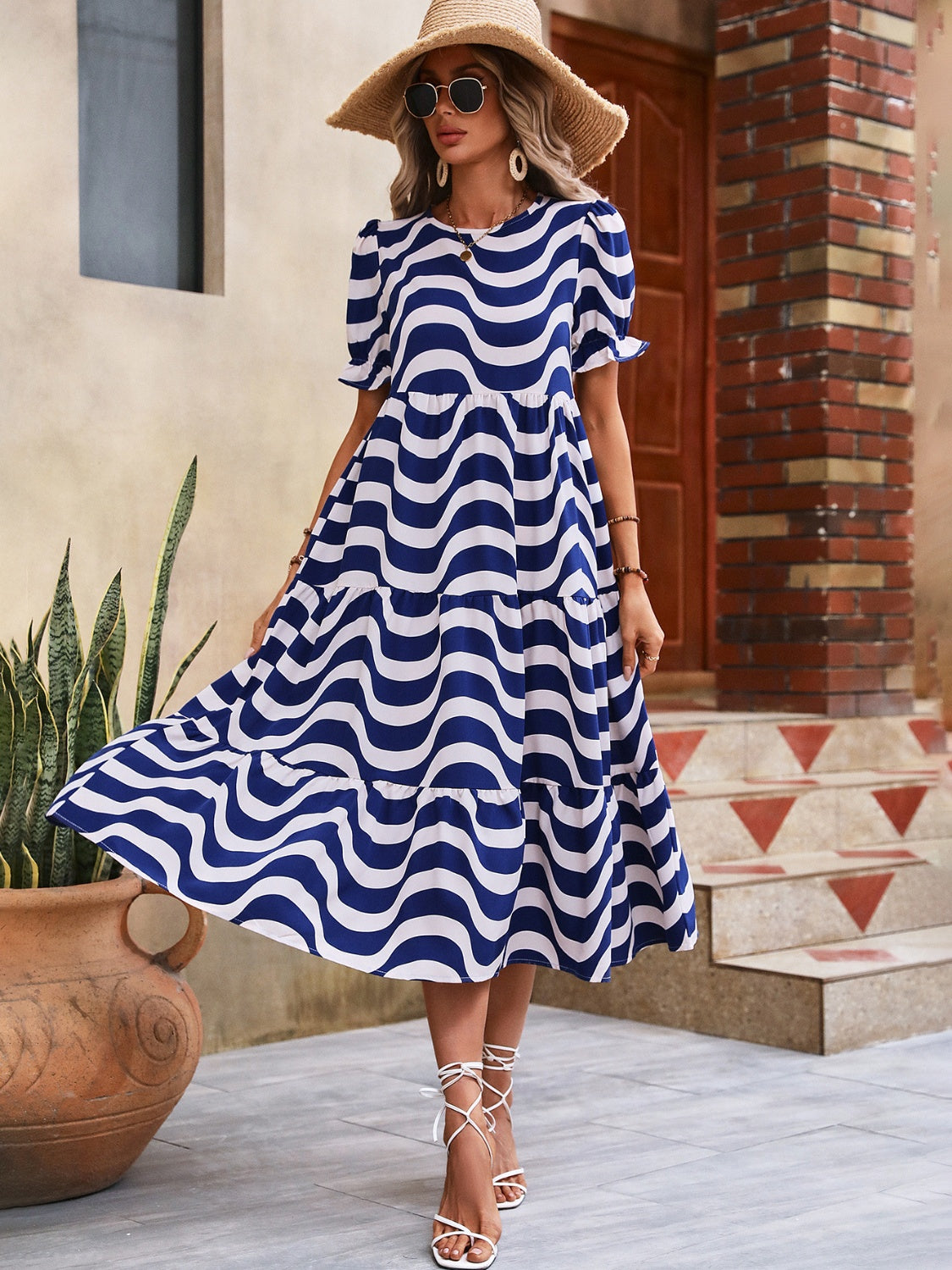 Wavy Striped Round Neck Short Sleeve Dress