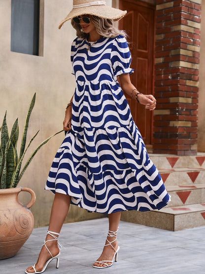 Wavy Striped Round Neck Short Sleeve Dress