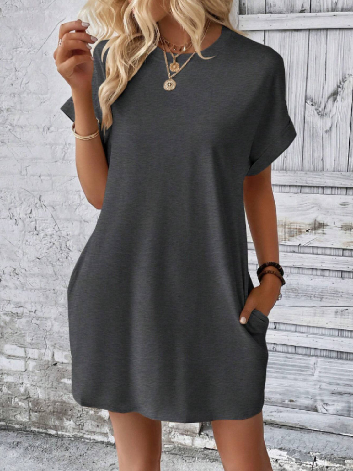 Round Neck Short Sleeve Mini Tee Dress with Pockets